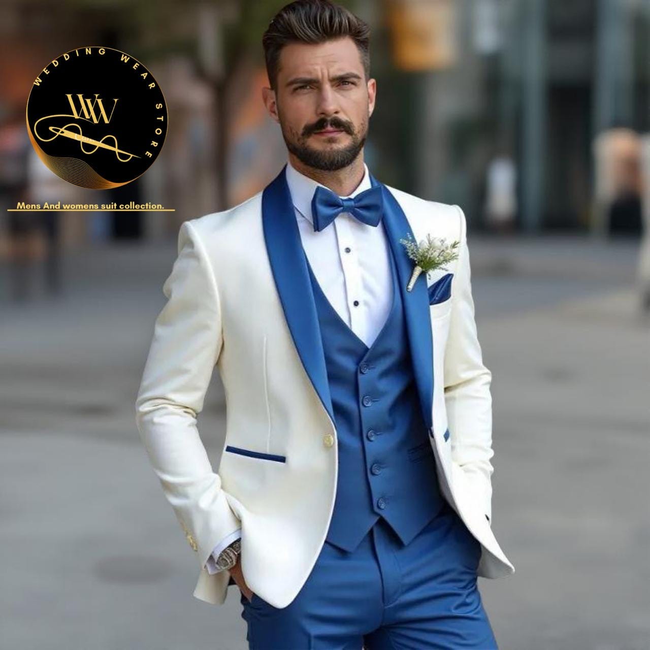 Men's Ivory-Blue Tuxedo-Three piece suit,Groom wear suit, Luxury Stylish Look, Premium Man Suit, Ethnic Wedding Wear suit, groomsmen suit,