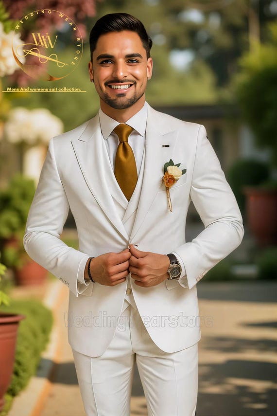 Men's White Three-Piece Wedding Suit, Luxury Groom Wear