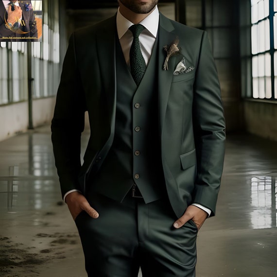 Men's Dark Green 3-Piece Suit: Handcrafted Wedding Groom Attire Official Suits