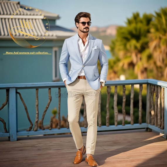 Men's Sky Blue Jacket & Beige Pant: 2 Piece Suits Luxury Groom Wear Groomsmen Attire - Etsy Israel Men's Sky Blue Jacket & Beige Pant: 2 Piece Suits Luxury Groom Wear Groomsmen Attire - Etsy Israel