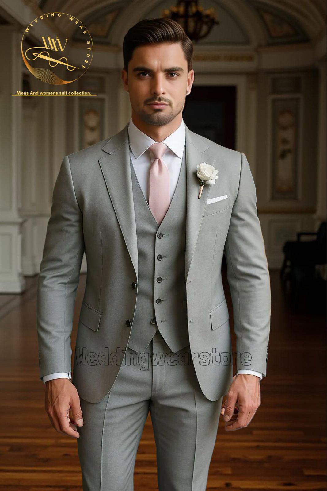 Men's Grey 3-piece Suit: Ethnic Wedding Suits Groomsmen Attire