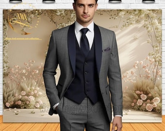 Men's Grey Tuxedo 3 Piece Suit: Luxury  Groom Suit Bespoke Attire Groomsmen Suits