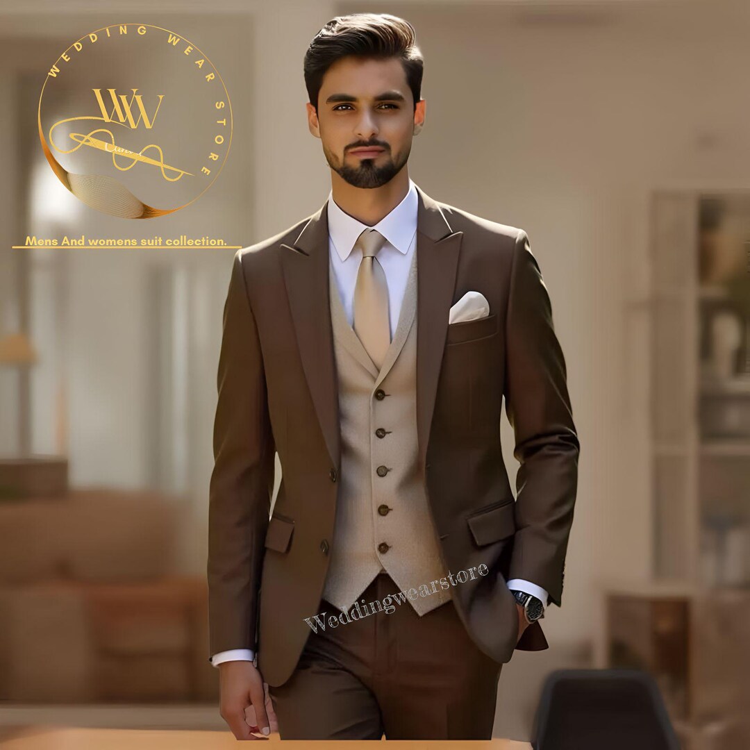 Statement Confidence Men'S Brown 3 Piece 2 Button Italian Designer Fine Brands Best Italian Style Cut Suits