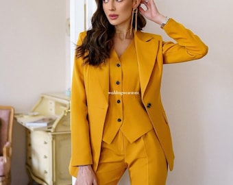 Women's Yellow 3 Piece Suit, Wedding Guest, Office Attire Women's Yellow 3 Piece Suit, Wedding Guest, Office Attire