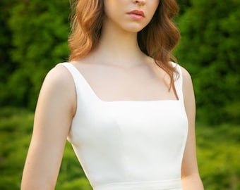 White Satin A-Line Wedding Dress: Square Neck Boho Bridal Gown