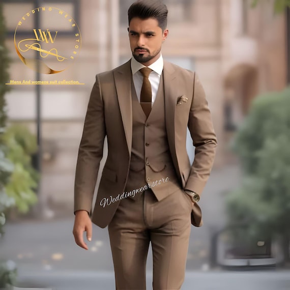 メンズブラウン3ピーススーツ：結婚式、新郎、新郎の付添い人用