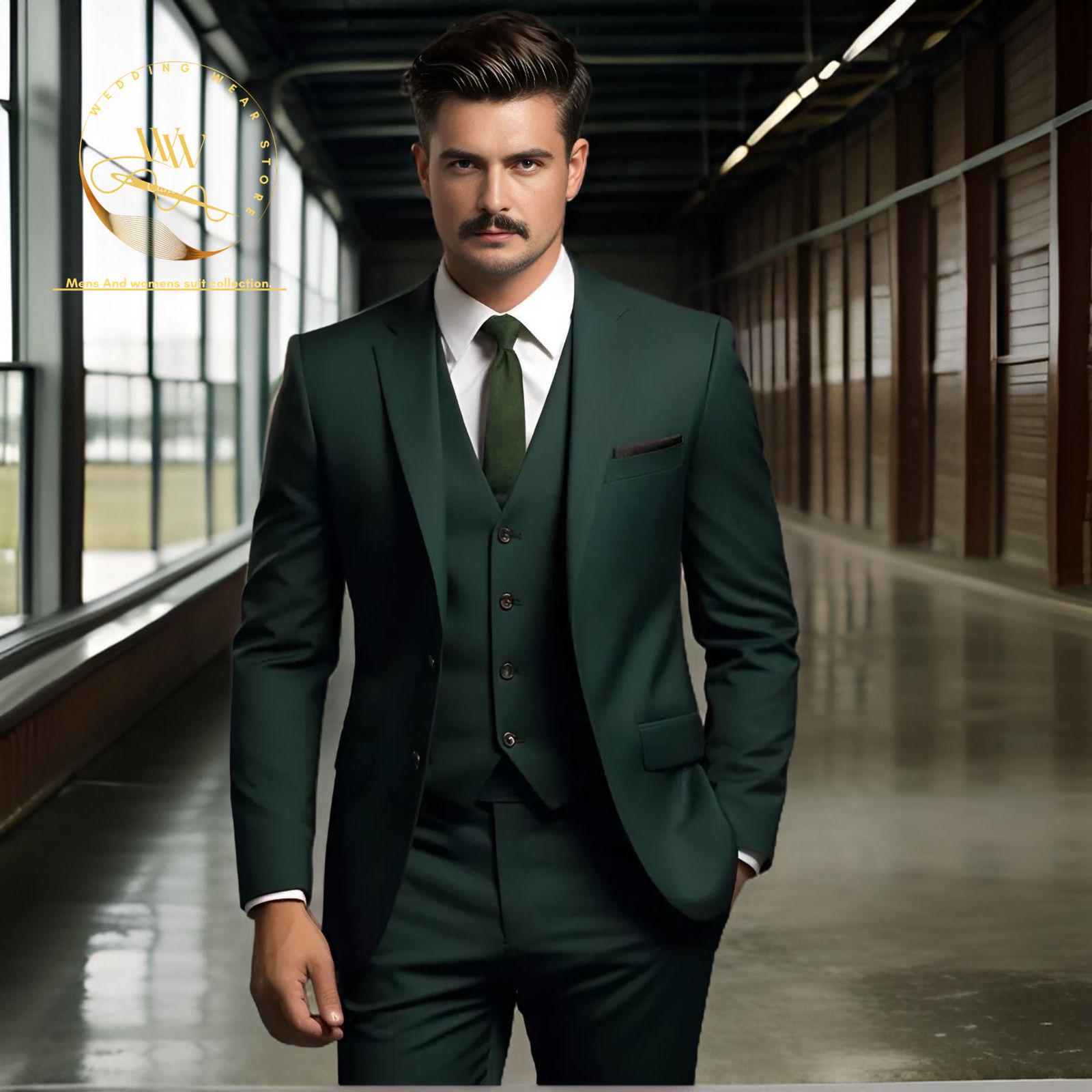 エメラルドグリーン、スリーピーススーツ、新郎用スーツ、高級