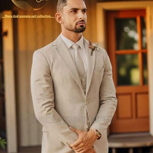 Men&#39;s Beige Linen 3-Piece Suit: Stylish Groom/Party Wear Suit