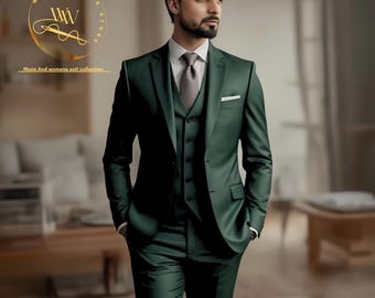 男性用フォレストグリーン 3 ピース スーツ、男性用新郎用スーツ