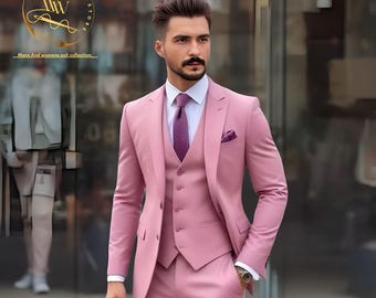 Traje rosa de tres piezas para hombre: trajes de novio/boda de lujo, corte entallado.
