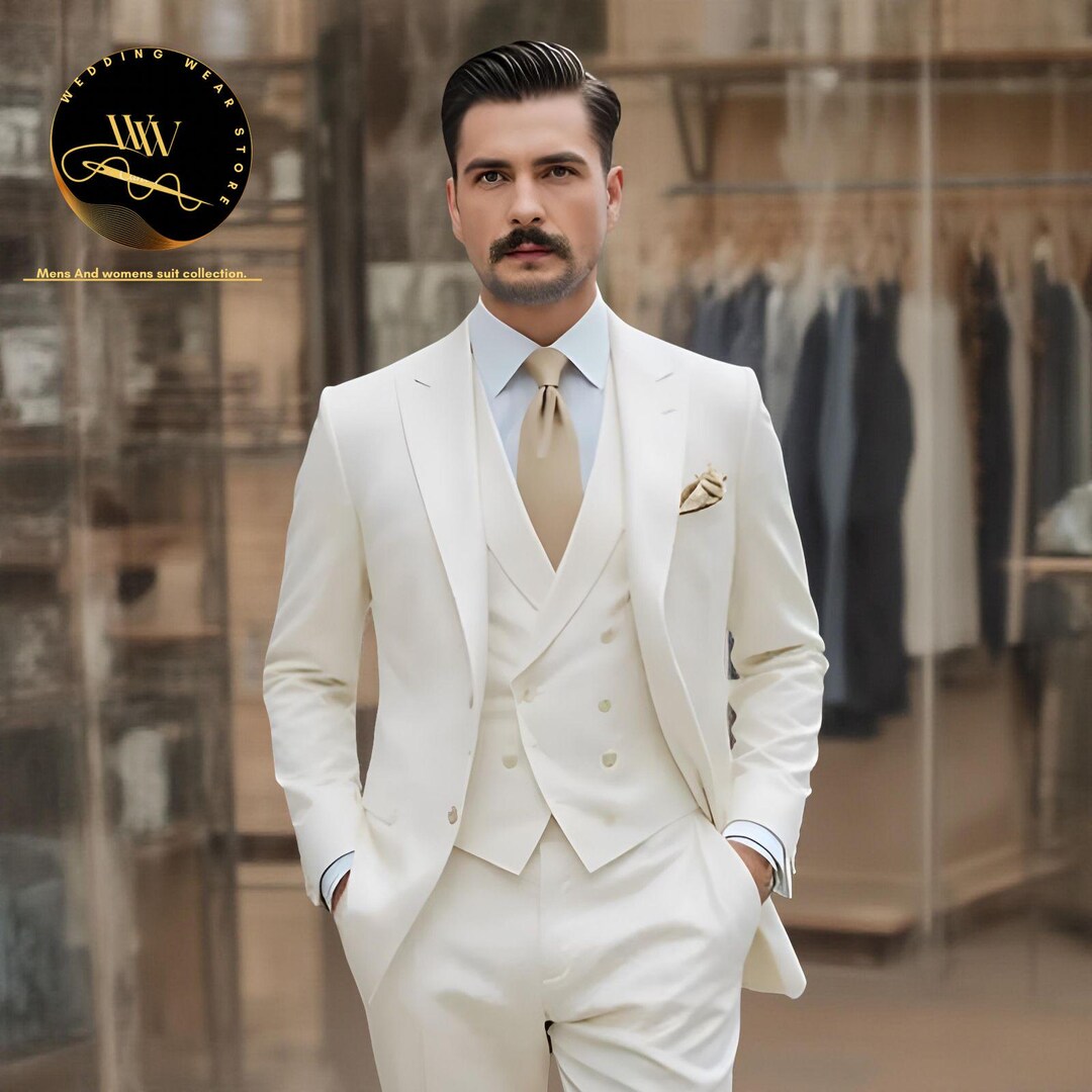 Men's Off-white 3 Piece Suit: Luxury Groom and Groomsmen Attire
