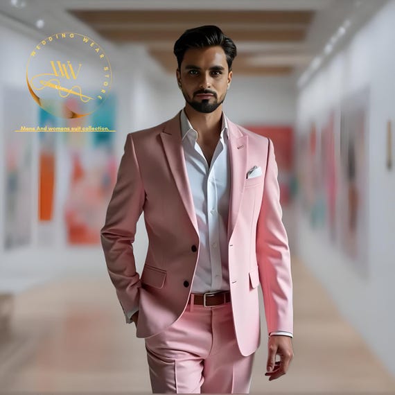 Men's Pink Slim Fit 2 Piece Suit:groom Attire Prom Bespoke Attire