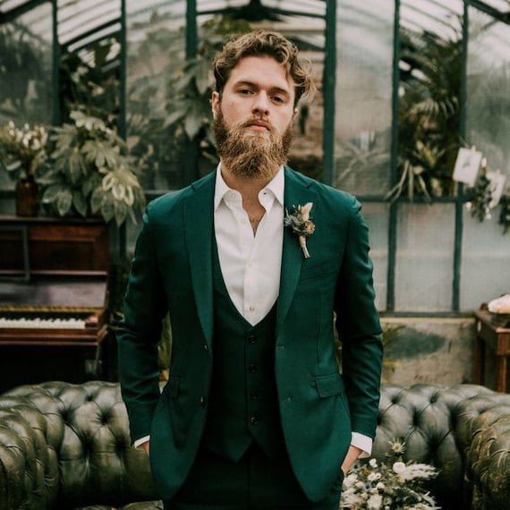 green emerald velvet dress Dark Green Men's Suits for Prom 2 Piece Black Satin Lapel Wedding Tuxedo main image 1