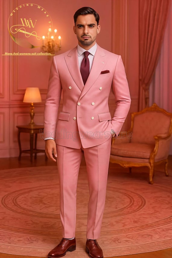 Men's Pink Double Breasted 2 Piece Suit: Slim Fit Groom Wear Groomsmen Suits