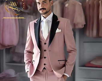 Traje de esmoquin rosa de 3 piezas para hombre: Traje de novio, atuendo oficial para hombre