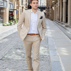 Linen Beige Men&#39;s 2 piece Suits, Groomsmen Suits, Luxury Groom Attire, Gift for Men, Bespoke Suits
