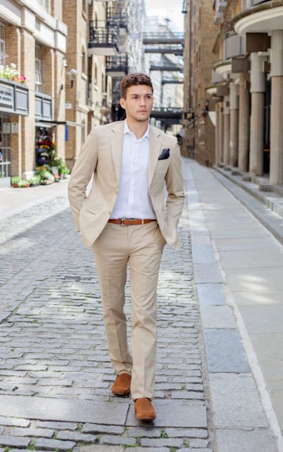 beige colour dress for men Men's Linen 2 Piece Suit: Groom Attire Groomsmen Suits Bespoke Suits neutral shade makes it
