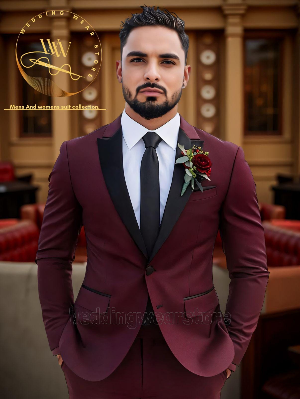 メンズ バーガンディ タキシード 2ピーススーツ：新郎と新郎の付添人の