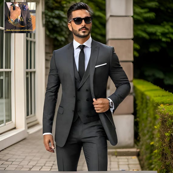 Men's Dark Grey 3 Piece Suit: Groom & Groomsmen Suit Official Men
