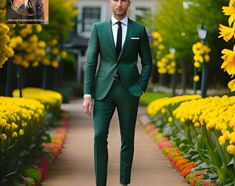 男性用フォレストグリーン 3 ピース スーツ、男性用新郎用スーツ