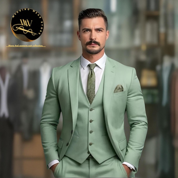 メンズ セージグリーン 3ピーススーツ：高級な新郎と新郎の付添い人用