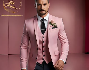 Traje rosa de tres piezas para hombre: Traje de novio y padrino de boda de lujo a medida