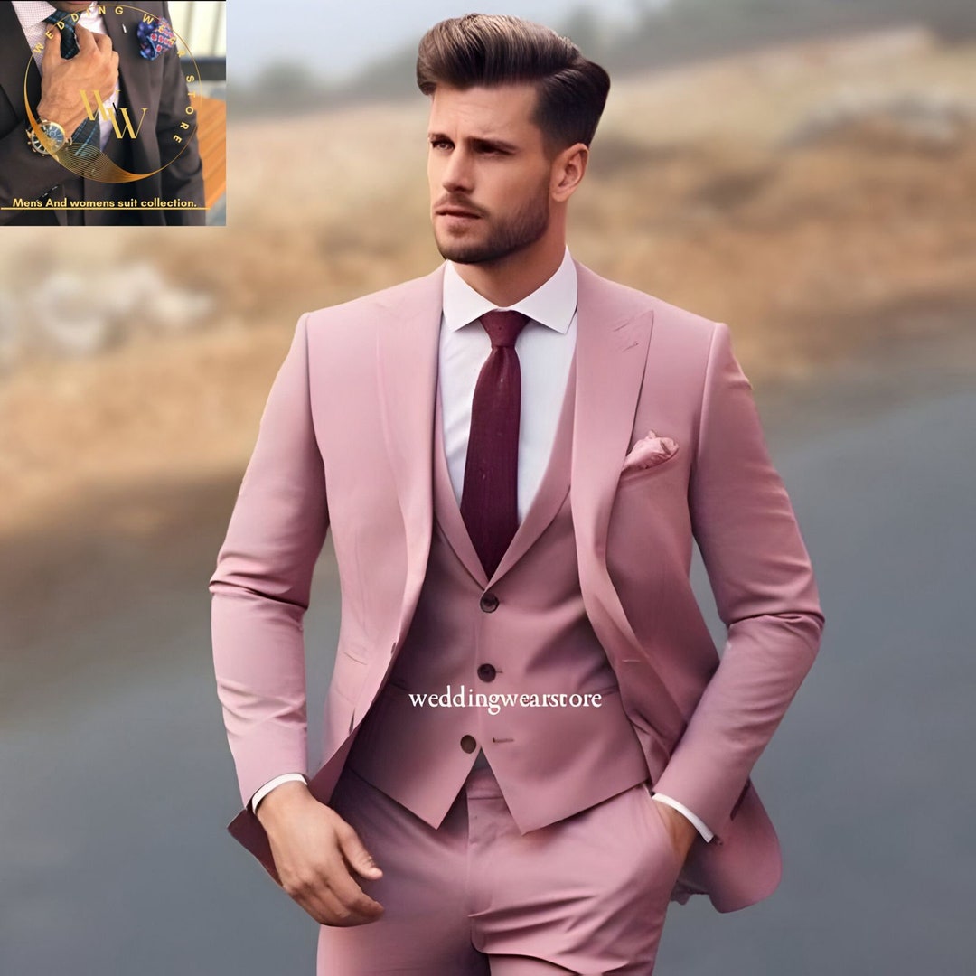 Men's Pink 3 Piece Suit: Luxury Groom Suit, Ethnic Wedding Attire