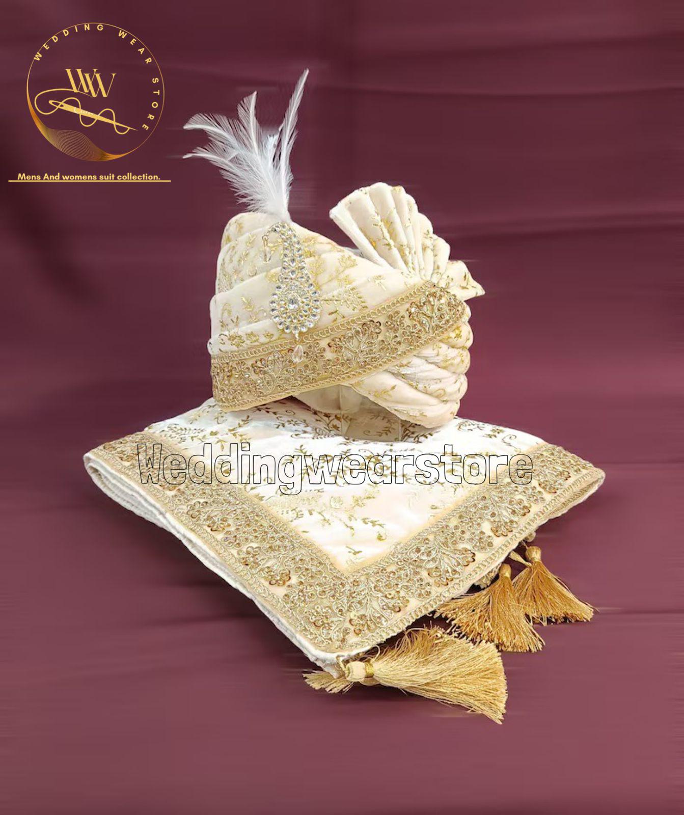 Traditional Sherwani Ivory Safa and Stole Combo for Groom - Redefine ...