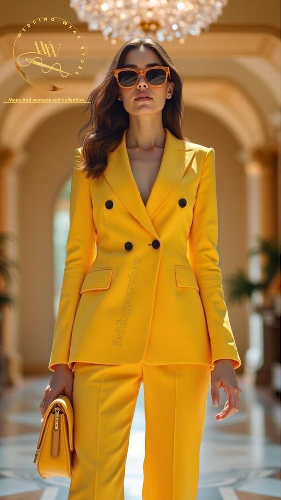 Women's Yellow Double Breasted 2 Piece Suit: Office Meeting Attire