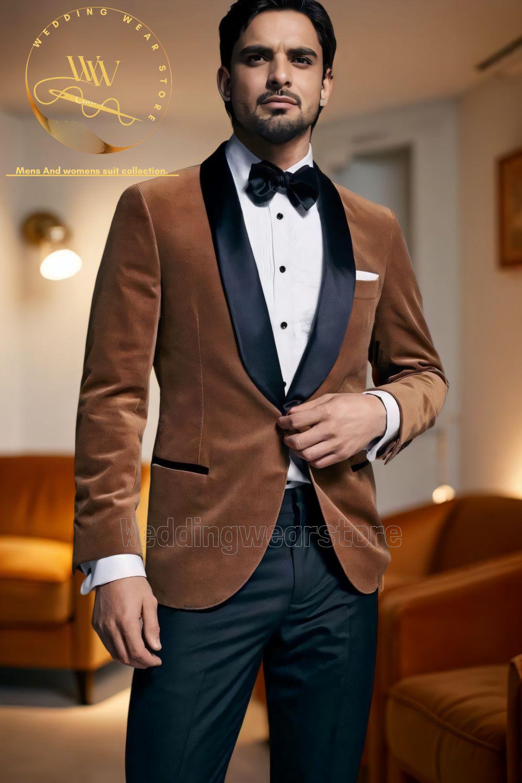 Men's Brown Velvet Tuxedo Jacket: Black Trousers Groom Wear Attire