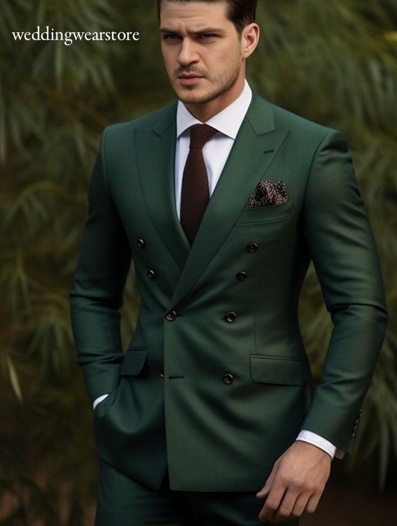 スーツ ADAMSON HOMME Double Breasted Suit Green Green Double Breasted Two Piece Suit, Luxury Wedding Suit