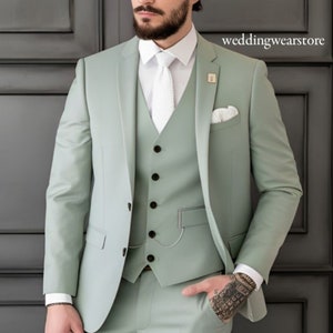 Męski garnitur 3-częściowy w kolorze szałwiowej zieleni: Strój pana młodego i drużbów, garnitury na miarę