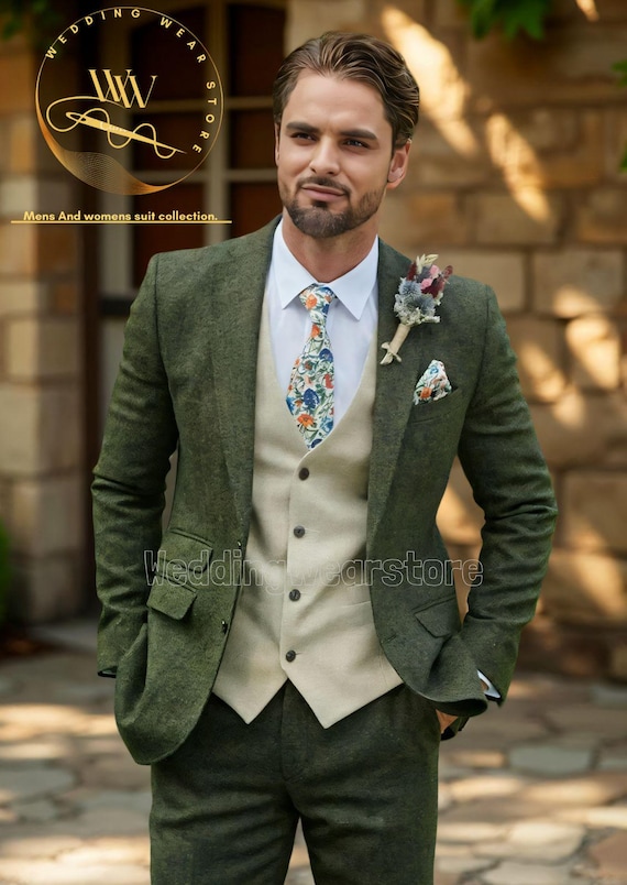 Costume 3 Pièces Tweed Homme - Veste 2 Boutons, Gilet & Pantalon - Idéal Mariage & Événements