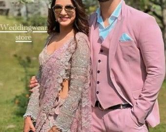 Traje de tres piezas rosa hecho a mano, traje de boda