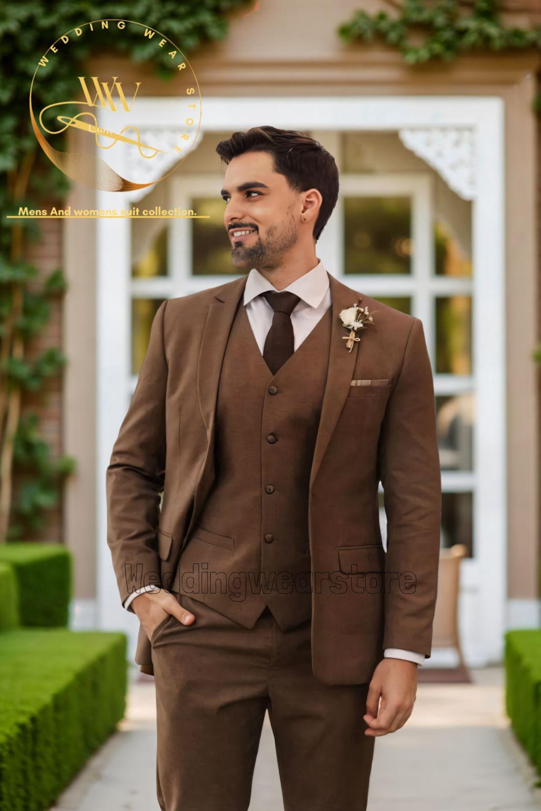 ブラウンツイードの3ピーススーツ：高級な新郎と新郎の付添い人のため