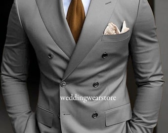 Handcrafted Gray Double Breasted Suit, Two Piece Wedding Suit