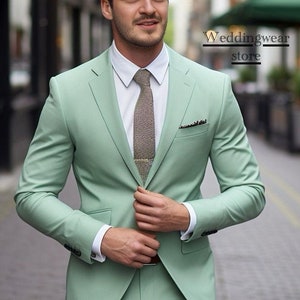 Męski miętowo-zielony garnitur 3-częściowy: garnitur na wesele dla pana młodego i drużbów, szyty na miarę