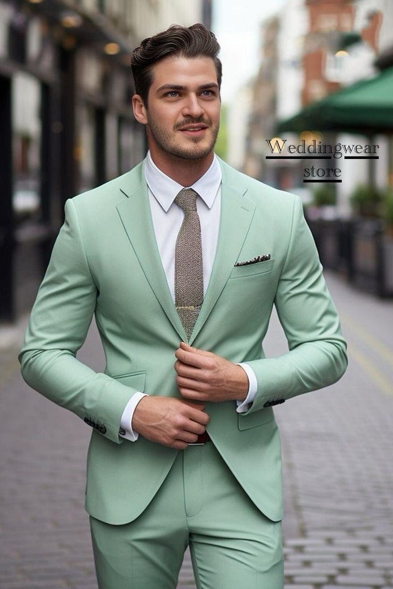 light green dress for men Light Green Tuxedo Suit for Men – Satin Lapel Wedding and Prom Suit in main image 0