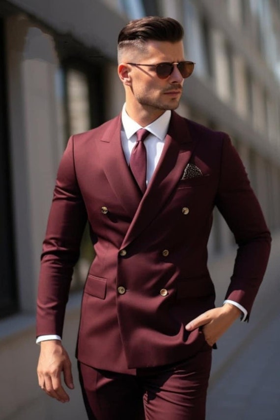 Purple Men's Double Breasted Pinstripe Suit – 2 Piece Formal Wedding Tuxedo – Custom Sizes Available