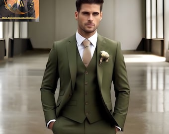 メンズオリーブグリーン3ピーススーツ、カスタム新郎ウェディング