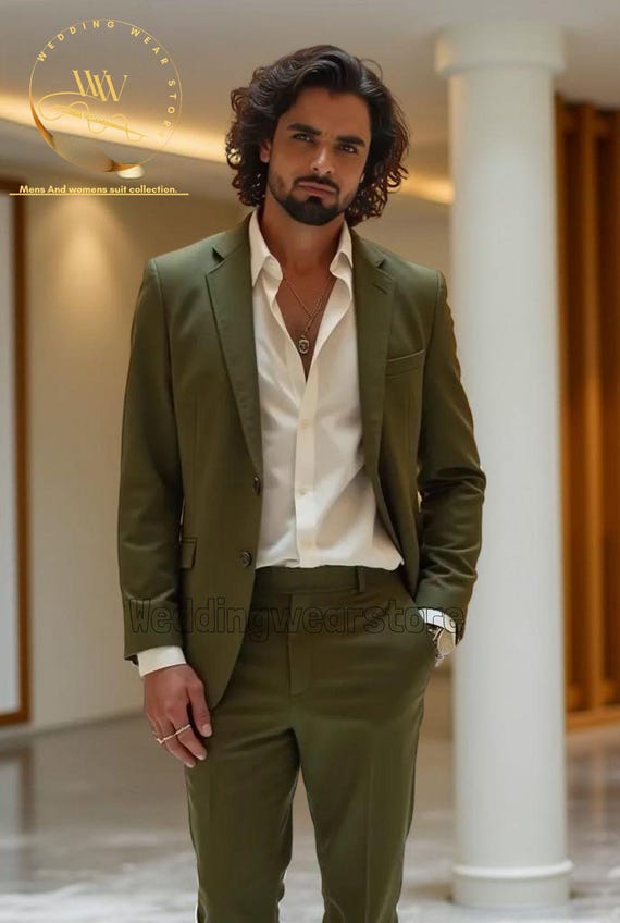 olive green dress pants mens outfit Men's 2 Piece Suit: Elegant Slim Fit Groom Attire what to wear with green pants male