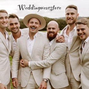 Men&#39;s Linen Beige 2 Piece Suit: Luxury Groom Wear Attire Groomsmen Suits Bespoke Attire