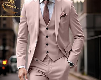 Traje rosa de tres piezas para hombre: Traje de novio de lujo, traje de fiesta, trajes a medida.