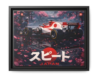 Plakat Sakura Formuła 1, płótno matowe, oprawiony | Samochód F1 z nadrukiem góry Fuji