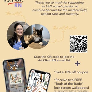 May include: A colorful graphic design featuring a woman in a blue shirt and a cat. The design includes the text "the Art Clinic RN" and a QR code. The text "Scan this QR code to join the Art Clinic RN e-mail list" is also included.