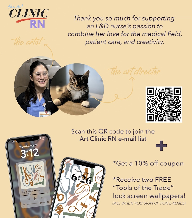 May include: A colorful graphic design featuring a woman in a blue shirt and a cat. The design includes the text "the Art Clinic RN" and a QR code. The text "Scan this QR code to join the Art Clinic RN e-mail list" is also included.