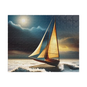 Sailboat Puzzle (110, 252, 520, 1014-Piece), Boat Lover Gift, Moonlight Ocean Puzzle, Jigsaw Puzzle, Ocean Waves Puzzle