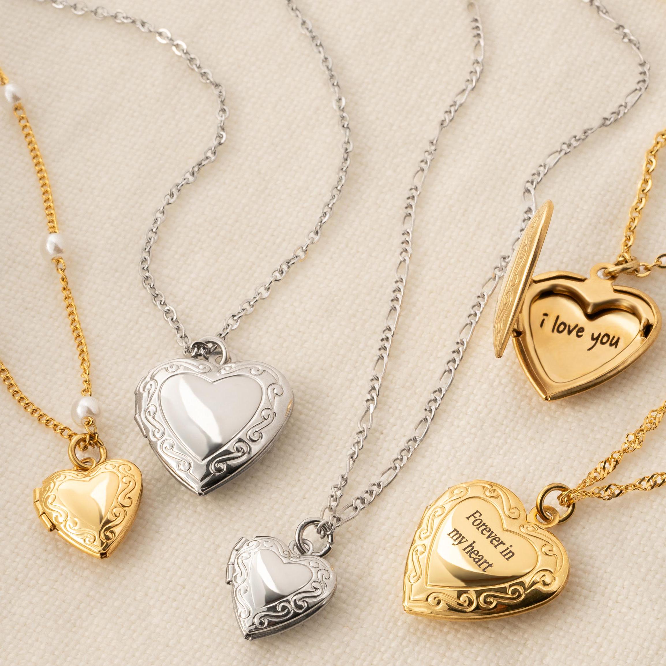 Custom Engraved Gold Heart Photo Locket Necklace, Personalized Heirloom Jewelry Christmas Family Reunion Keepsake Gift 18k Gold
