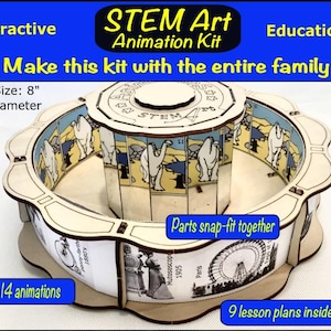 May include: STEM Art Animation Kit with a diameter of 8 inches. The kit includes 14 animations and 9 lesson plans. The kit is interactive and educational, designed for the entire family. Parts snap-fit together.