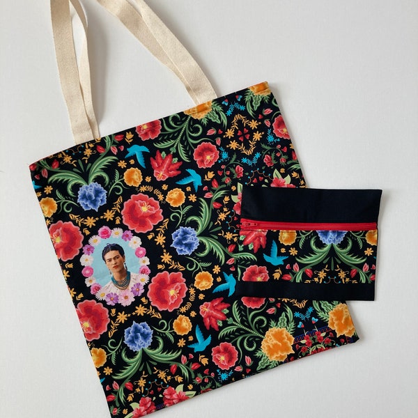 Frida Kahlo lined tote zipper pouch set canvas cotton sustainable book lunch market bag fashionable purse black red multi color eco gift